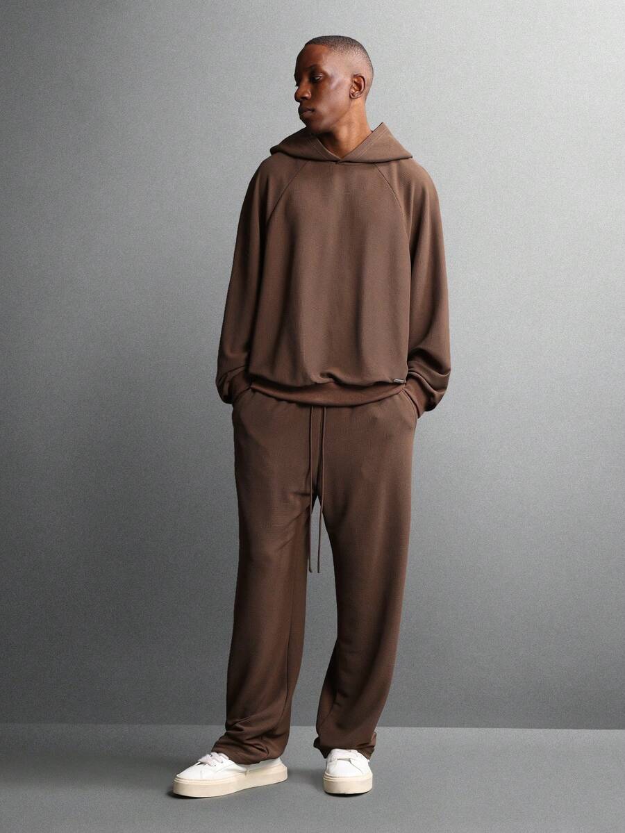 SUMWON Textured Waffle Knit Hoodie Jogger Co Ord Set Ribbed Winter Loungewear Fall Casual Street Style Drawstring Relaxed Fit Matching Two Piece - Brown - View 1