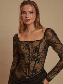 Glamine Fashionable Sexy Sheer Lace Side Slit Dress