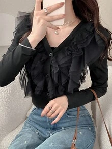 FRIFUL 女式黑色纯色 V 领褶皱分层网眼装饰长袖修身百搭 T 恤，秋季 - 黑色 - 查看 7