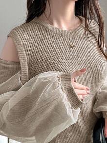 FRIFUL 女式圆领罗纹袖网眼拼布直筒针织毛衣裙，肩部镂空装饰，保暖内衬，甜美 - 杏色 - 查看 2