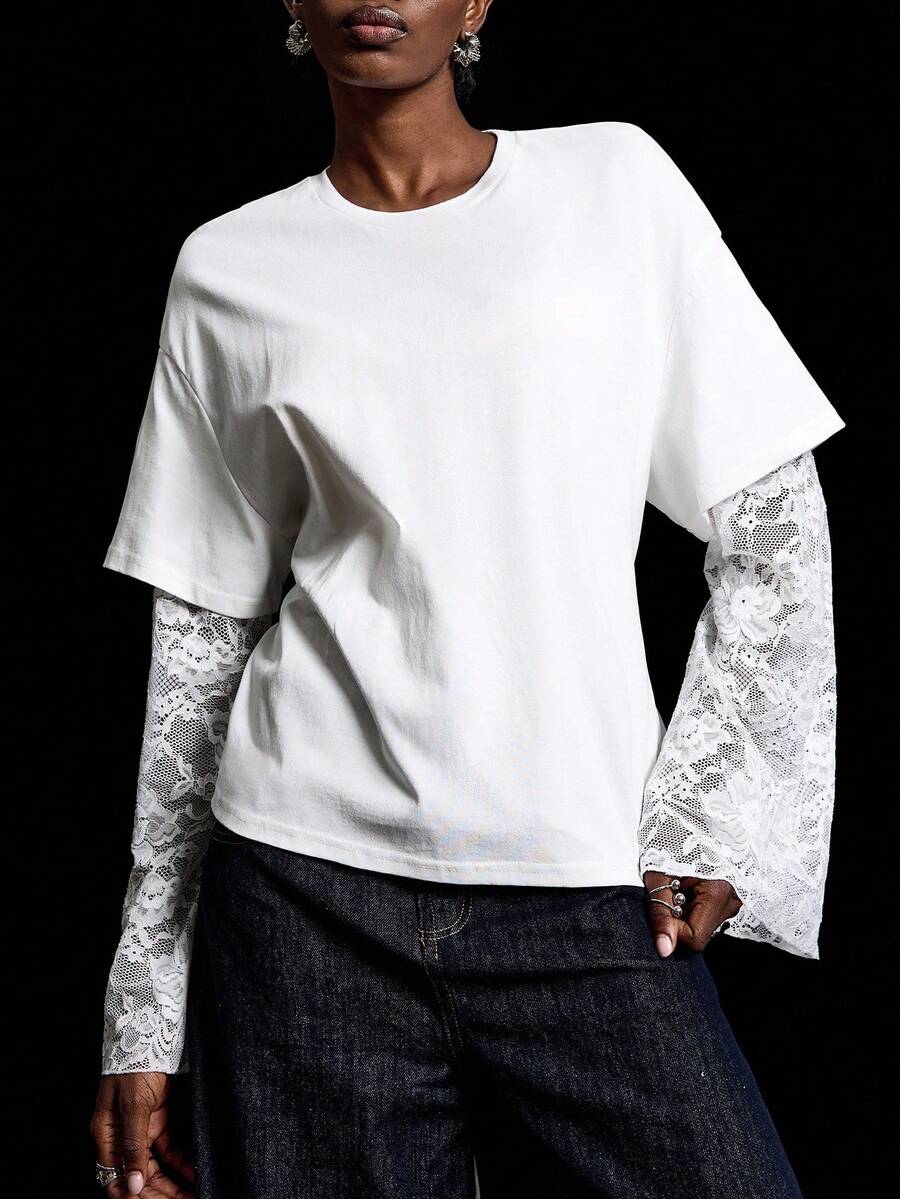 LYSMO 2025 New Arrival Minimalist Fall-Winter Women's Loose Fit Round Neck Drop Shoulder Contrast Lace T-Shirt, Fresh And Elegant, French Romantic, Graceful Temperament, Casual And Versatile, Youthful, Delicately Feminine, Perfect For Daily Commuting Lace Jersey Lace Shirts Sleeve Top Bell Sleeves Underscrub Long Sleeve,White Shirt,White Top - White - View 1