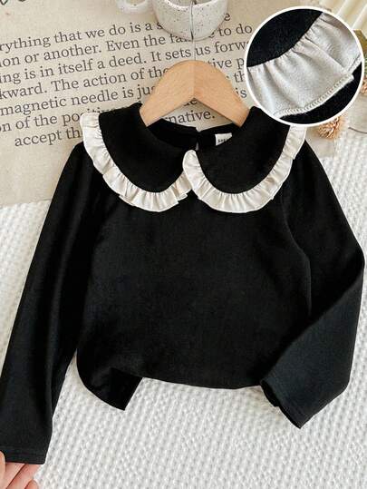  LMoss Kids 女童撞色彼得潘领休闲T恤，黑白配色，秋冬长袖款