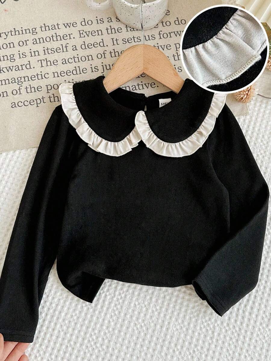 LMoss Kids 女童撞色彼得潘领休闲T恤，黑白配色，秋冬长袖款 - 白色 - 查看 1