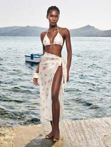 Maija Women's Elegant Shell & Starfish Random Print Chiffon Dress Set, Suitable For Vacation - Apricot - View 3