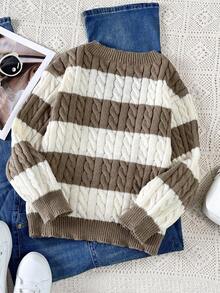 SHEIN Tween Girls Striped Color Block Cable Knit V-Neck Lantern Sleeve Oversized Pullover Sweater, Suitable For Autumn/Winter Outings Fall - Khaki - View 2
