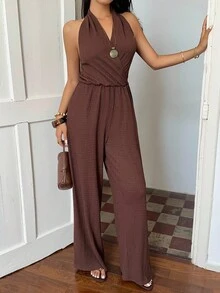 SHEIN SunnyBelle Women's Deep V-Neck Backless Jumpsuit, Chocolate Brown Color, Slim Fit, Wide Leg, Fashionable & Elegant, Suitable For Vacation