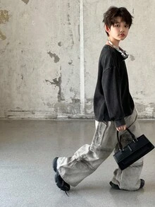 DAZY 青少年男童休闲宽松字母印花T恤，秋季街头风 - 灰色 - 查看 2