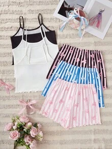 SHEIN 2件套女童可爱蝴蝶结条纹印花吊带背心和短裤睡衣套装 - 彩色 - 查看 2