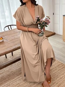 Weeklong Đầm thường ngày màu trơn cổ chữ V tay ngắn cỡ lớn, phù hợp cho mùa hè - Màu Khaki - Xem 5