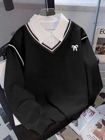 SHEIN 女式撞色领运动休闲运动衫，学院风上衣