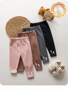 SHEIN 女宝宝可爱百搭卡通图案松紧腰裤，秋冬 - 粉色 - 查看 1