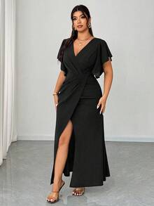 Elenzga 加大码优雅浪漫荷叶边袖 V 领腰部合身美人鱼下摆鸡尾酒会婚礼宾客礼服 - 黑色 - 查看 3