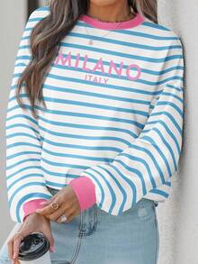 EMERY ROSE Casual Minimalist Blue & White Striped Pattern MILANO English Print Plus Size Sweatshirt, Suitable For Fall/Winter - Multicolor - View 1