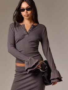 AiiRZ Cotton Women Henley Neck Ruffle Bell Sleeve Crop Top With Side Split Maxi Skirt Co-Ord Set Evening Party Ribbed Two Piece Fall Winter Outfit - Grey - View 3