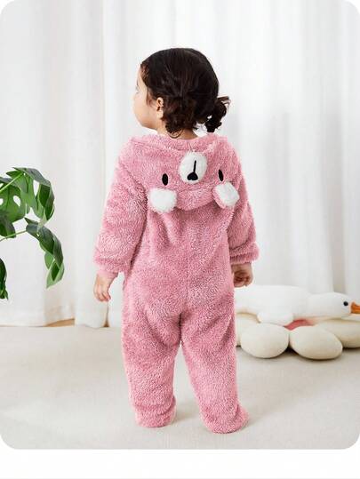 Newborn Baby Unisex Plush Bear Ear Animal Hooded Zipper Footed Jumpsuit Fall Winter