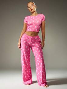 Missguided x Playboy 圣诞粉色兔子印花露脐上衣和阔腿裤套装 - 粉色 - 查看 1