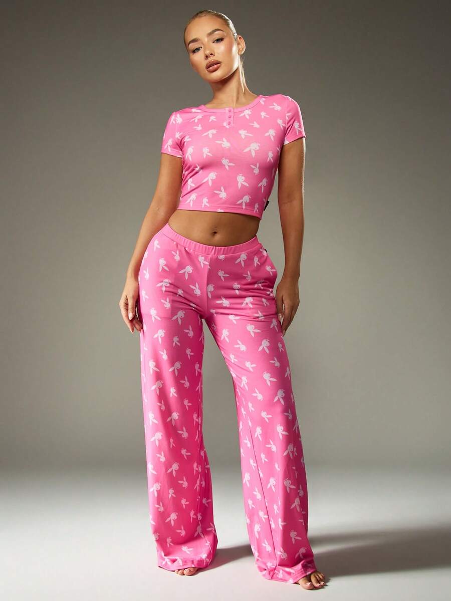 Missguided x Playboy 圣诞粉色兔子印花露脐上衣和阔腿裤套装 - 粉色 - 查看 1