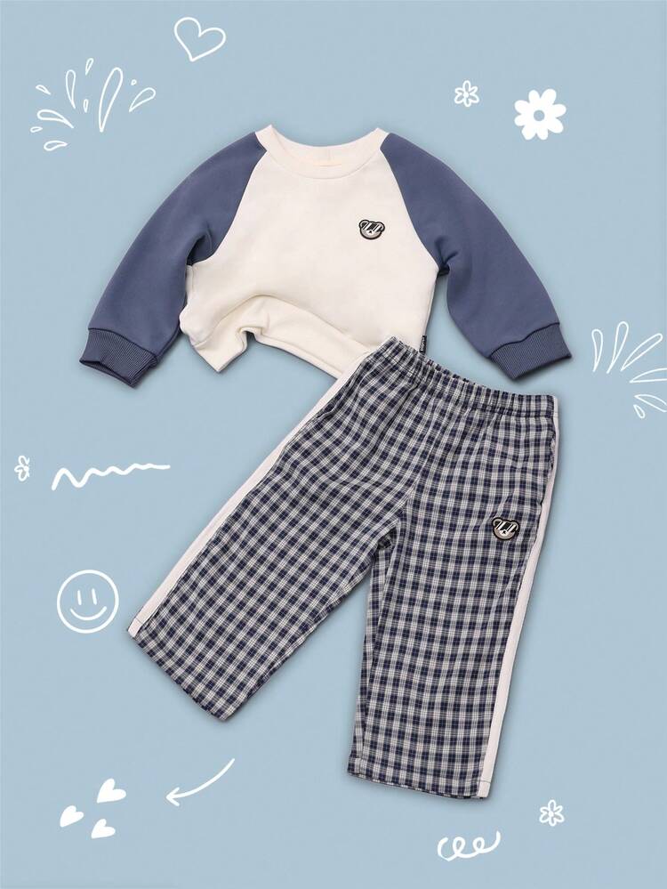 Conjunto de calça xadrez e moletom com manga raglan