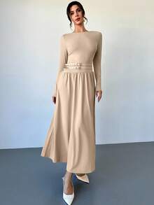Firerie Women's Elegant Sophisticated Daily Commute New Fashion Round Neck Draped Belt Buckle Decor Long Sleeve A-Line Umbrella Dress, Khaki - Khaki - View 3