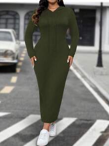 SHEIN LUNE 大码纯色长袖休闲修身长裙女装 - 軍綠色 - 查看 4