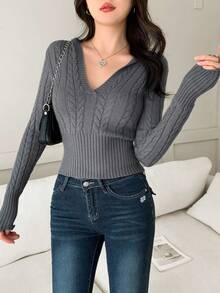 Modelyn V-Neck Cable Knit Pullover Sweater, Slim Fit, Hooded Autumn Winter Clothes For Women - Dark Grey - View 6