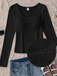 SHEIN 青少年女孩百搭休闲百搭纯色针织圆领宽松长袖蕾丝蝴蝶结 T 恤上衣，开学季可爱罗纹上衣紧身上衣黑色上衣青少年女孩紧身上衣黑色长袖上衣，秋冬 - 黑色 - 查看 2