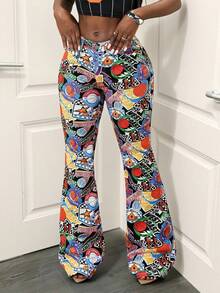 Slaydiva Women's Basketball Graphic Flared Casual Jeans - Multicolor - View 3