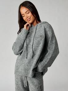 MISSGUIDED Oversized Knitted Hoodie With Embroidered Logo Drawstring Pullover Casual Long Sleeve Cozy Winter Sweater - Grey - View 3