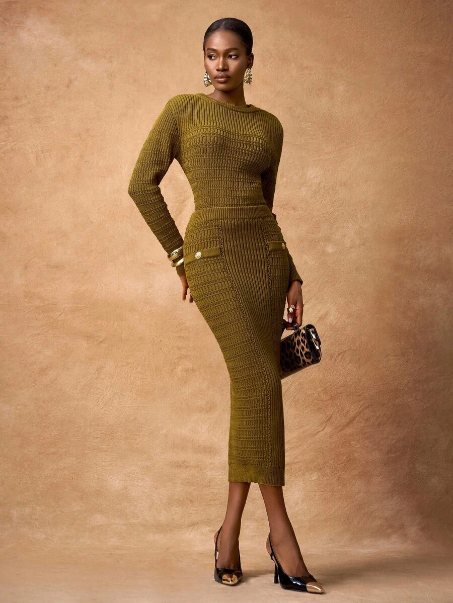 Zivah Autumn Women Sweater 2-Piece Set,Olive Green Elegant Work Crew Neck Long Sleeve Loose Knit Top&Straight Pencil Skirt With Metal Button Decor,Cozy - Mustard Yellow - View 1