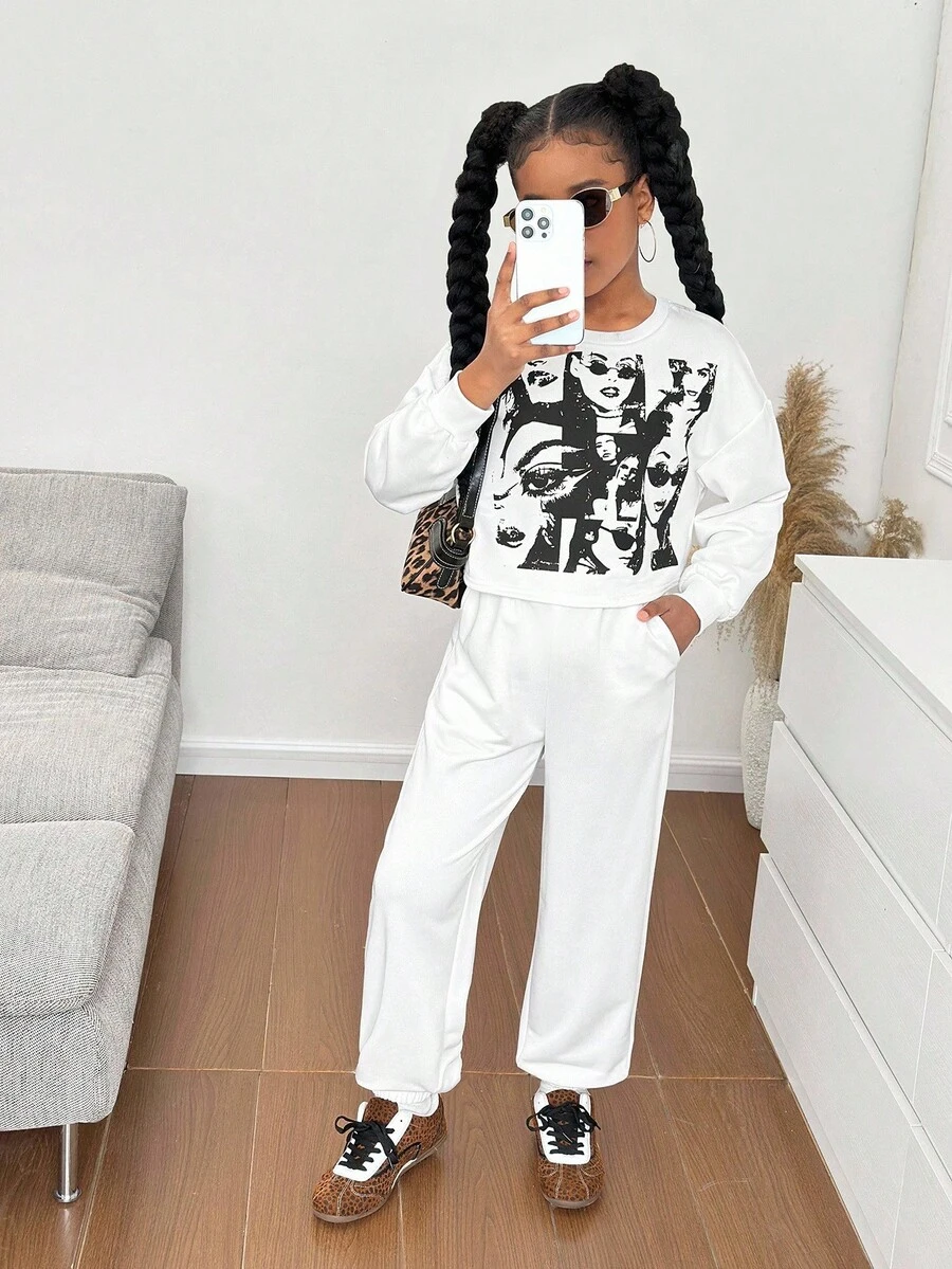 SHEIN 青少年女孩休闲街头风格肖像印花宽松落肩圆领长袖运动衫和运动裤两件套,适合居家和户外 - 白色 - 查看 1