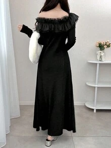 FRIFUL Đầm dài tay màu đen trơn dành cho nữ, kiểu dáng ôm sát, hở vai, xếp ly, bèo nhún, thích hợp cho mùa thu hè. - màu đen - Xem 6