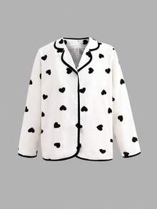 2pcs Tween Girls Cute Minimalist Heart Pattern Cardigan Long Sleeve Top And Straight Leg Lounge Pants Sleepwear Set, Casual And Comfortable - Grey - View 7