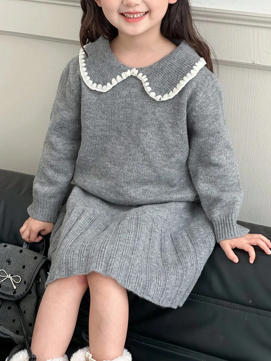 Dazy Kids 2pcs Young Girl Girls Collared Puff Sleeve Sweater + Pleated Knit Skirt Set, Autumn/Winter - Grey - View 1