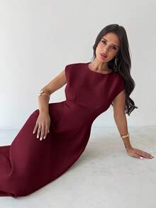 Firerie Váy midi dáng chữ A xếp ly cổ tròn không tay, đơn giản, thanh lịch, thoải mái, đi làm hàng ngày, ngày lễ dành cho nữ, váy mùa hè, trang phục công sở thường ngày, trang phục du lịch sân bay, trang phục du lịch sân bay, trang phục đi chơi - Màu Đỏ Sâu - Xem 6