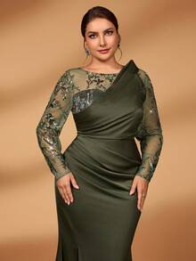 Serin Plus Size Autumn And Winter Elegant Gorgeous Luxury Green Sequin Embroidery Stitching Satin Long Sleeves Asymmetrical Pleated Shape Chest Design Slim Pleated Fishtail Hem Dress Suitable For Dinner Bachelorette Party Date Dance Holiday Wedding Event Mother Of The Bride Dress Evening Dress, Valentine's Day - Green - View 4