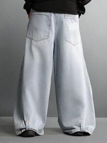 SUMWON Denim de Algodão com Perna Ultra Larga, Ajuste Barril Oversized, Detalhe de Costura, Estilo de Rua Relaxado, Design Moderno e Atemporal - Azul - Visão 3