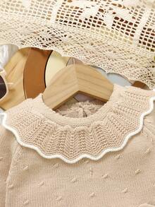 SHEIN 3 件绿色婴儿毛衣套装：彼得潘领长袖上衣 + 紧身裤 + 时尚帽子，新生儿休闲简约装 - 杏色 - 查看 3