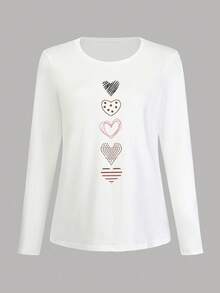 EMERY ROSE Heart Pattern Long Sleeve T-Shirt, Women's Casual Top Suitable For Spring And Autumn, Love Gift - White - View 4