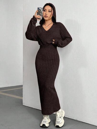 SHEIN Unity 女式纯色连帽长袖罗纹上衣和无袖连衣裙休闲套装，秋季