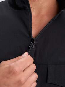 Letter Print Stand Collar Pocket Zip-Up Long Sleeve Jacket - Black - View 4