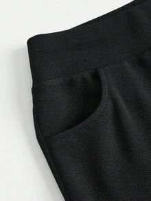 SHEIN Serisse Kids Quần tập yoga bó sát, co giãn, lưng cao màu đen trơn dành cho bé gái tuổi teen, có túi và giá đỡ điện thoại, quần ống loe đa năng để mặc khi đi chơi và hoạt động ngoài trời hàng ngày - màu đen - Xem 5