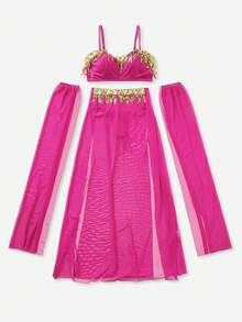 5pcs/Set Sequin Tassel Mesh Wireless Costume For Women - Hot Pink - View 6