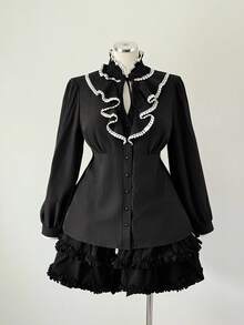 Sunspun Plus Size Women's Casual Black Ruffle Collar Tie Long Sleeve Shirt - Black - View 3