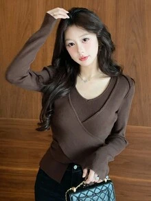 DAZY Pull casual à manches longues avec plis croisés pour femmes, automne/hiver - Marron - Voir 1