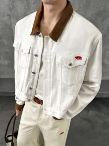 ESTAVOR Men's Autumn Contrast Color Lapel Long Sleeve Single-Breasted Casual Denim Jacket - Beige - View 2