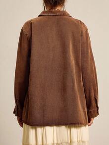 SHEIN LUNE 大码女式秋季长袖单排扣工装口袋休闲宽松外套，适合秋冬季节、万圣节、圣诞节等场合，也可作为日常休闲、商务休闲或教师穿着。 - 咖啡棕 - 查看 4