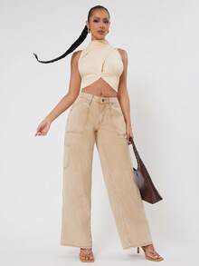 NYA SZN Washed Wide Leg Utility Cargo Jeans With Pockets & Hammer Loop Street Style Fall Denim Back To School Uniform Statement Festival Kings Day - Apricot - View 5