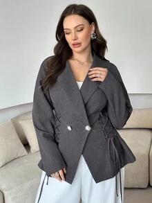 Modelyn 大码女式优雅长袖系腰休闲西装外套 - 灰色 - 查看 3