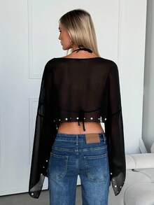 SHEIN EZwear 黑色雪纺女式落肩长袖短款宽松时尚上衣 - 黑色 - 查看 2