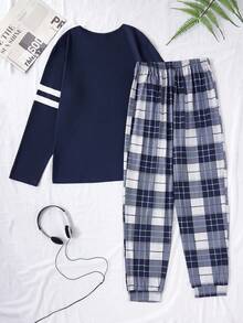 Teenage Boys' Navy Blue Plaid English Element Combination Long Sleeve Top And Pants, Minimalist Stylish Outfit, Suitable For Casual Home Wear, Highlighting Teenagers' Sunny And Leisure Characteristics Fall Winter - Navy Blue - View 2